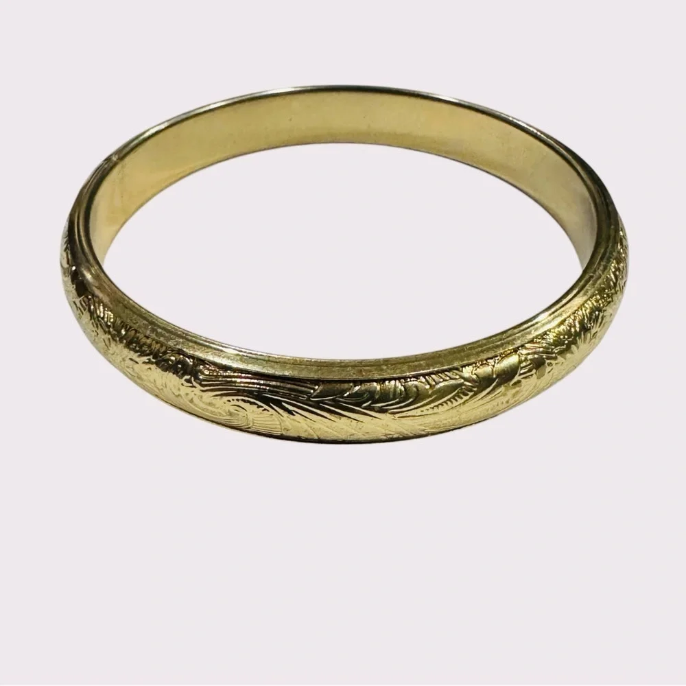 Vintage Gold-Tone Engraved Bangle Bracelet | Floral Etched | Costume Jewelry